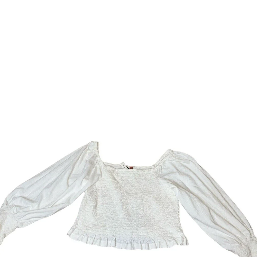Anthropologie Pilcro Ginny Smocked Crop Top white SZ sm baloon sleeve peasant
